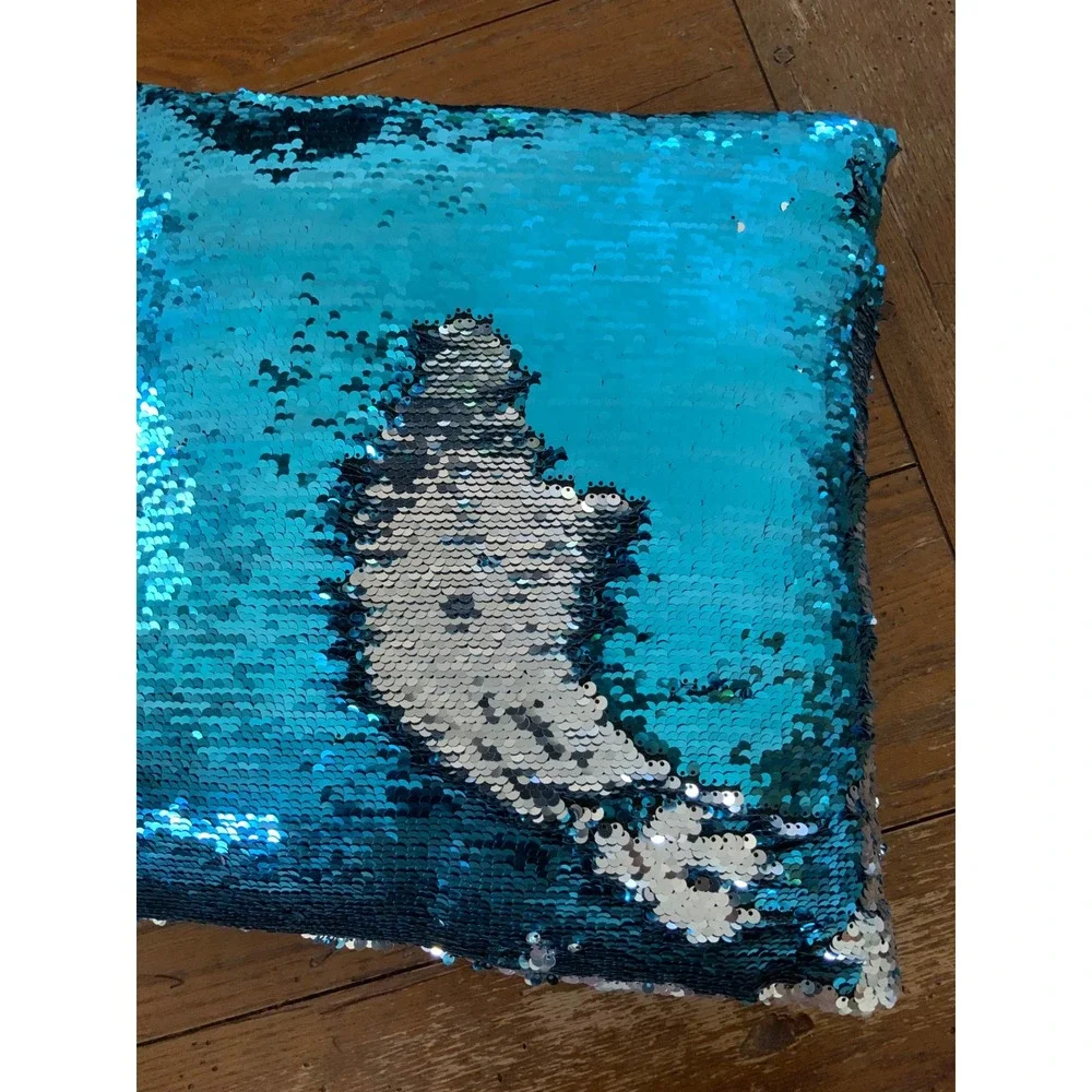 Turquoise Silver Reversible Sequin Mermaid Accent Pillow Square Decorative